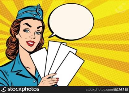 Girl retro stewardess with white forms brochure ticket pop art retro vector. Plane tickets. Aviation and travel. Tourism and recreation. Girl retro stewardess with white forms brochure ticket