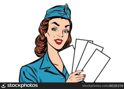 Girl retro stewardess with white forms brochure ticket pop art retro vector. Plane tickets. Aviation and travel. Tourism and recreation, white background