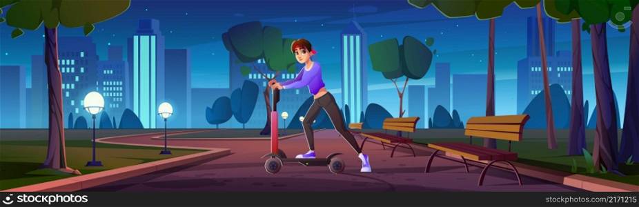 Girl ride on electric scooter in city park at night. Vector cartoon illustration of summer landscape with public garden with trees, street lights, benches and woman driving on electrical kick scooter. Girl ride on electric scooter in night city park