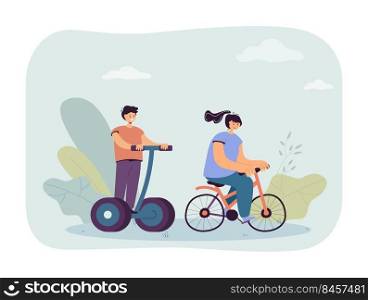 Girl riding bicycle and boy on electric personal transporter. Children on modern eco transport flat vector illustration. Transportation, mobility concept for banner, website design or landing web page