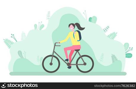 Girl riding bicycle cyclist vector, nature with foliage and leaves. Lady on bike, biker with backpack student young woman leading active lifestyle. Flat cartoon. Woman Riding Bicycle, Student with Backpack Vector