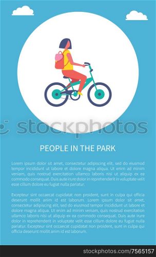 Girl riding bike cartoon vector poster with circle and text. Teenager in casual clothes and backpack cycling in park or city road, healthy lifestyle theme. Girl Riding Bike Cartoon Isolated Vector Poster