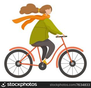 Girl riding bike outdoor in autumn season. Woman cycling on bicycle to get her destination quickly. Lady in warm clothes like coat and scarf. Wheeled transport, vector illustration in flat style. Girl Riding, Cycling Bicycle in Autumn Season