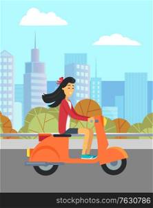Girl riding motorbike and cityscape with skyscrapers on background. Young woman with long dark hair and on orange scooter, transportation. Vector illustration in flat cartoon style. Girl Riding Motorbike Scooter and Cityscape Vector