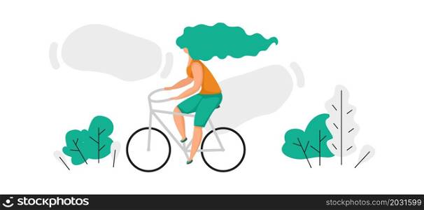 Girl riding on bike in park. Cute woman training and traveling by bicycle. Active healthy lifestyle. Cyclist sport activity. Outdoor recreation. Happy female character driving cycle. Vector biking. Girl riding on bike in park. Woman training and traveling by bicycle. Active healthy lifestyle. Cyclist sport activity. Outdoor recreation. Happy female driving cycle. Vector biking