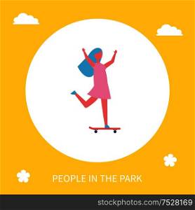 Girl riding on skateboard in park vector icon isolated cartoon character. Single lady with long hair in dress and sneakers skateboarding with hands up. Girl Riding on Skateboard in Park Cartoon Banner