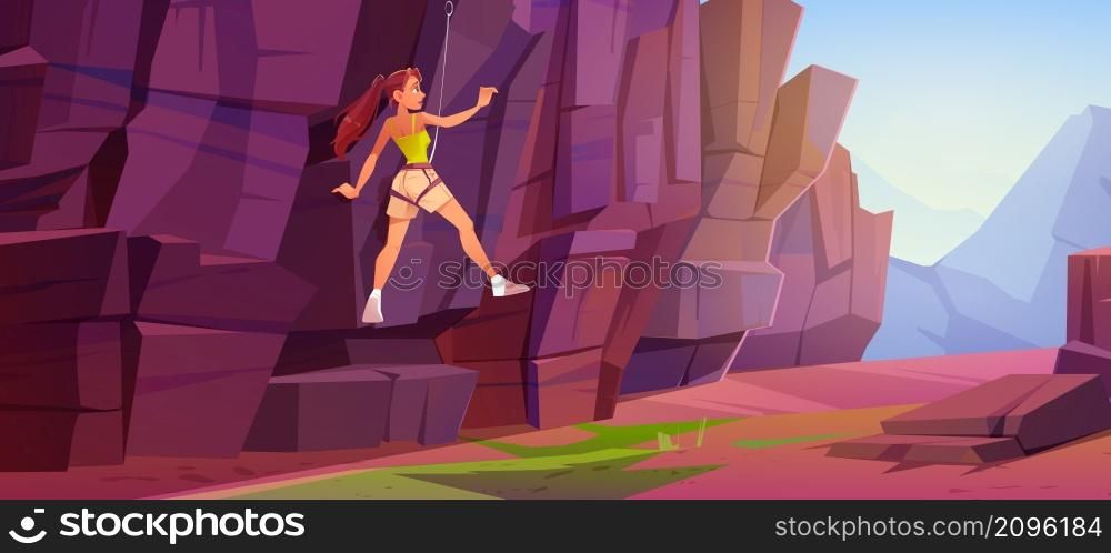 Girl rock climber climbs on mountain. Adventure, extreme sport concept. Vector cartoon illustration of canyon landscape with woman alpinist with rope and carbine on stone wall. Girl rock climber climbs on mountain