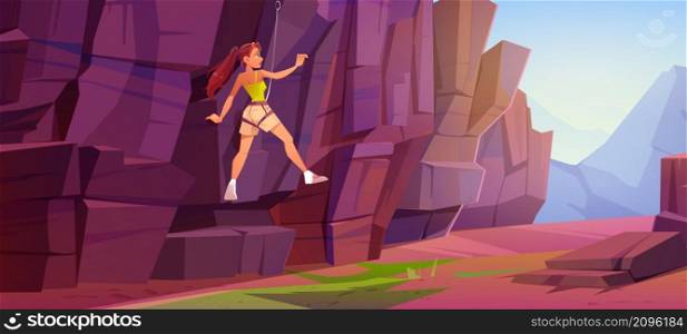 Girl rock climber climbs on mountain. Adventure, extreme sport concept. Vector cartoon illustration of canyon landscape with woman alpinist with rope and carbine on stone wall. Girl rock climber climbs on mountain