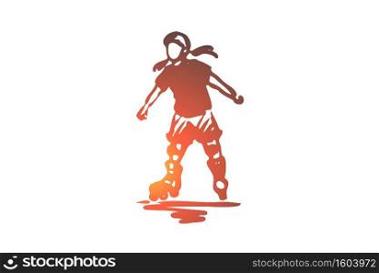 Girl, rollerblading, skate, child, active concept. Hand drawn little girl rollerblading concept sketch. Isolated vector illustration.. Girl, rollerblading, skate, child, active concept. Hand drawn isolated vector.