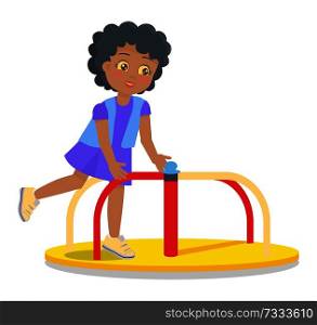 Girl rotate on carousel, colorful vector illustration of swinging merry-go-round carousel for children on playground isolated on white background.. Swinging Round Carousel for Children s Playground