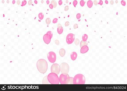 Girl's birthday. Happy Birthday Background With pink Balloons And Confetti. Celebration Event Party. Multicolored. Vector.. Girl's birthday. Happy Birthday Background With pink Balloons And Confetti. Celebration Event Party. Multicolored. Vector