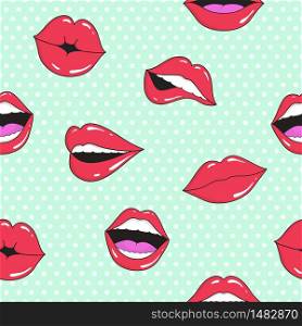 Girl&rsquo;s lips seamless pattern. Retro lip of girl for cosmetic texture. Female funny mouth with teeth. Seductive romantic seamless composition. Love textile background. Cartoon vector illustration. Girl&rsquo;s lips seamless pattern. Retro lip of girl for cosmetic texture. Female funny mouth with teeth. Seductive romantic seamless composition. Love textile background. Cartoon vector illustration.