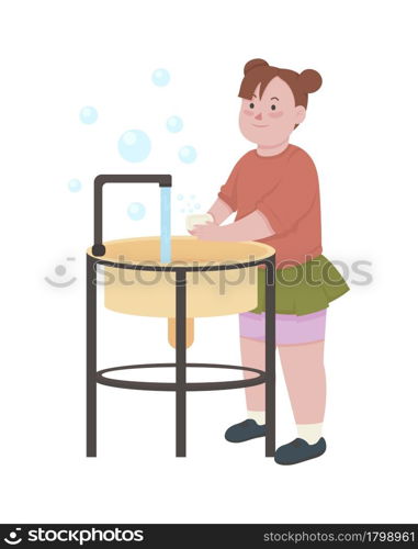 Girl rubbing soap with hands semi flat color vector character. Full body person on white. Practicing hand hygiene isolated modern cartoon style illustration for graphic design and animation. Girl rubbing soap with hands semi flat color vector character