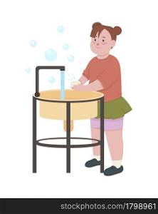 Girl rubbing soap with hands semi flat color vector character. Full body person on white. Practicing hand hygiene isolated modern cartoon style illustration for graphic design and animation. Girl rubbing soap with hands semi flat color vector character