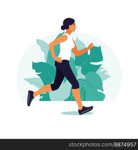 Girl running in the park. Woman doing physical activity outdoors at the park, running. Healthy lifestyle and fitness concept. Vector illustration in flat style.