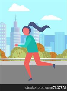 Girl running in urban park in summer. Person spend time actively doing her hobby. Runner on city street. Beautiful landscape on background with skyscrapers. Vector illustration in flat style. Woman Running in Urban Park, Nice City Landscape