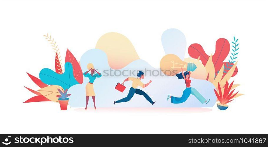 Girl runs away with a light bulb in her hands, a lawyer with a briefcase catches up with a thief. Metaphor of copying, plagiarism. The concept of stealing of ideas, thoughts. Vector flat illustration