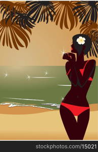 Girl`s silhouette on sunset tropic beach
