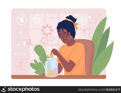 Girl saves money 2D vector isolated illustration. Putting coins in penny bank flat character on cartoon background. Colourful editable scene for mobile, website, presentation. Quicksand font used. Girl saves money 2D vector isolated illustration