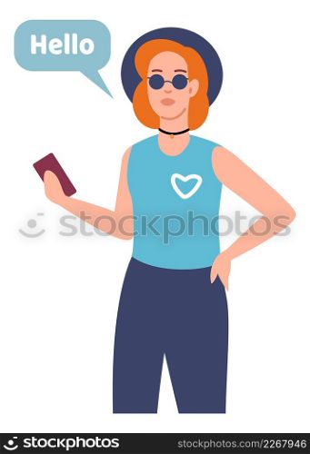 Girl saying Hello. Young woman in sunglasses greeting someone. Vector illustration. Girl saying Hello. Young woman in sunglasses greeting someone