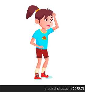 Girl Schoolgirl Kid Poses Vector. High School Child. Child Pupil. Subject, Clever, Studying. For Postcard, Announcement, Cover Design. Isolated Cartoon Illustration