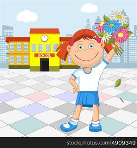 Girl schoolgirl with a bouquet in hand, goes to school, vector illustration.
