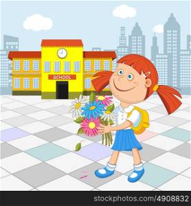 Girl schoolgirl with a bouquet in hand walking to school. Vector illustration.