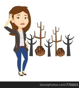 Girl scratching head on the background of dead forest. Dead forest caused by global warming or wildfire. Environmental destruction concept. Vector flat design illustration isolated on white background. Forest destroyed by fire or global warming.