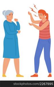 Girl scream at old woman. Relative arguing. Family fight isolated on white background. Girl shouting at old woman. Angry person gesturing