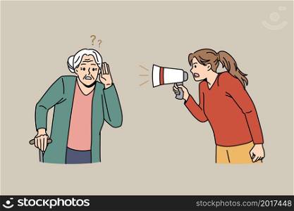Girl scream in loudspeaker talking to impaired old grandmother suffer from hearing problems. Young female hold speaker shout yell to elderly woman suffer from deafness. Maturity. Vector illustration.. Girl scream in loudspeaker to old deaf grandmother
