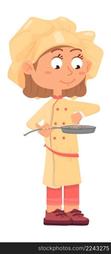 Girl seasoning food in frying pan. Cute cartoon chef kid isolated on white background. Girl seasoning food in frying pan. Cute cartoon chef kid