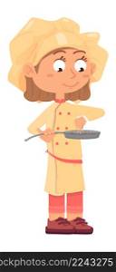 Girl seasoning food in frying pan. Cute cartoon chef kid isolated on white background. Girl seasoning food in frying pan. Cute cartoon chef kid