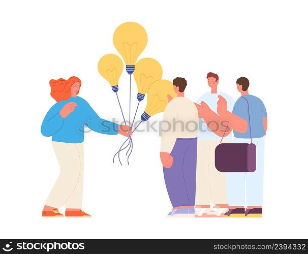 Girl sharing ideas with men. Creative woman and people group, business development or start up. Colleagues support, share metaphor vector concept. Girl with idea inspiration. Girl sharing ideas with men. Creative woman and people group, business development or start up. Colleagues support, share metaphor vector concept