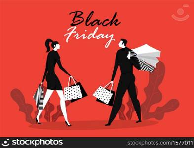 girl shopping bags on black friday . Vector illustration in flat cartoon style.