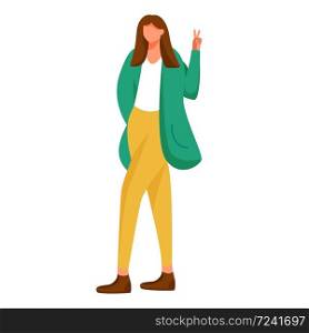 Girl shows v sign flat vector illustration. Teenager lifestyle. Youth culture. Young standing woman in casual clothes gesturing victory sign isolated cartoon character on white background