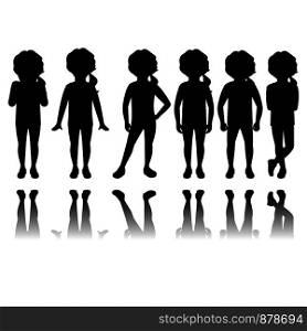 Girl silhouette in different poses with reflection. Vector illustration. Girl black silhouettes with reflection