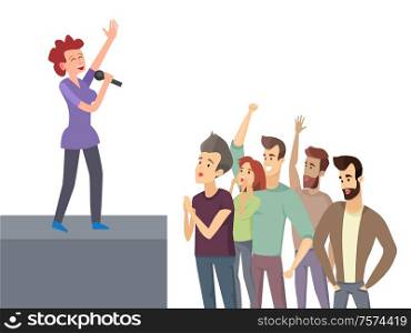 Girl singing and holding microphone on stage, listening people near scene with hands up. Party with funny group of men and women vector cartoon style. Singing and Listening Group Side View Stage Vector