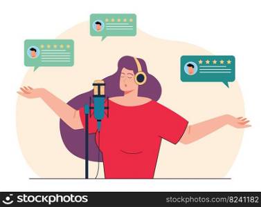 Girl singing at mic in studio flat vector illustration. Bubbles with audience feedback or ratings. Music, occupation, public opinion concept for banner, website design or landing web page
