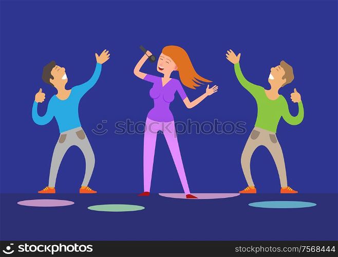Girl singing with microphone and dancing boys on blue stage. People with hand up at night club, performance and smiling artists, disco festival vector. Girl Singing and Dancing Boys, Night Club Vector