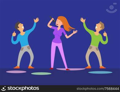 Girl singing with microphone and dancing boys on blue stage. People with hand up at night club, performance and smiling artists, disco festival vector. Girl Singing and Dancing Boys, Night Club Vector