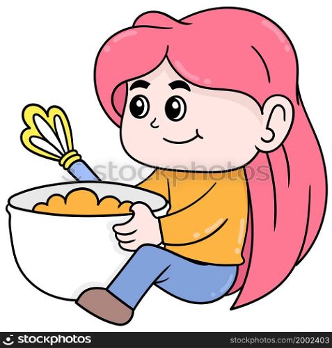 girl sit kneading cake dough