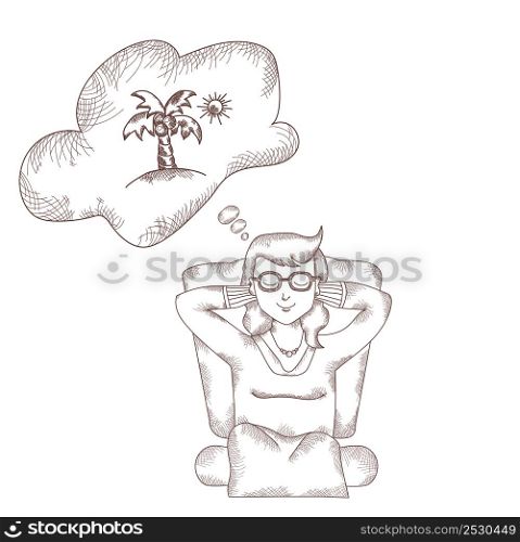 girl sits and dreams about vacation at sea with her eyes closed. Above it is cloud with picture of palm trees and sun. Vector hand-drawing - strokes and line