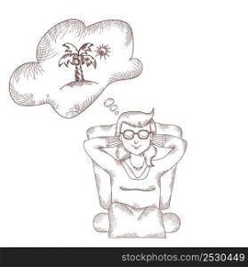 girl sits and dreams about vacation at sea with her eyes closed. Above it is cloud with picture of palm trees and sun. Vector hand-drawing - strokes and line