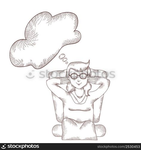 girl sits and dreams with her eyes closed. Above it is dream cloud where you can write text. Vector drawing - stroke and line.