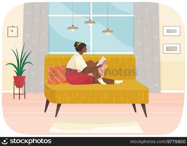 Girl sits at home and reads. Woman with book in her hands spending time in apartment. Female character is reading and resting after work. Sits on couch and studies book. Leisure, pastime at home. Girl sits at home and reads. Woman with book in her hands spending time in apartment, resting