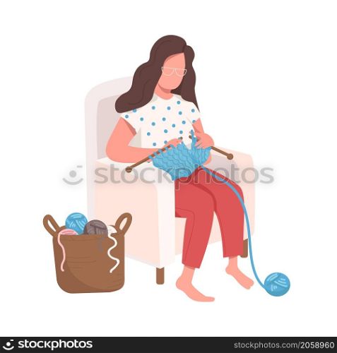 Girl sits knitting semi flat color vector character. Posing figure. Full body person on white. Craft for creative rest isolated modern cartoon style illustration for graphic design and animation. Girl sits knitting semi flat color vector character