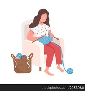 Girl sits knitting semi flat color vector character. Posing figure. Full body person on white. Craft for creative rest isolated modern cartoon style illustration for graphic design and animation. Girl sits knitting semi flat color vector character