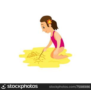 Girl sitting and drawing by stick on beach, side view of smiling woman in pink swimsuit and flower in hear, sketch on sand, summer vacation vector. Woman in Swimsuit Drawing by Stick on Beach Vector
