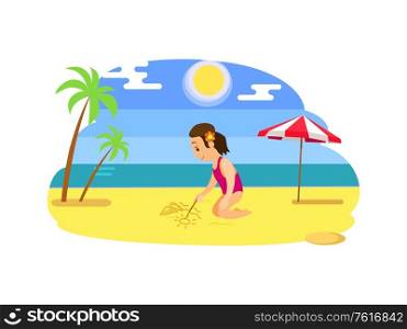 Girl sitting and drawing by stick on beach, smiling child in pink swimsuit and flower in hear, sunny weather, palm tree and parasol, summer vacation vector. Child Drawing on Send, Beach and Ocean Vector