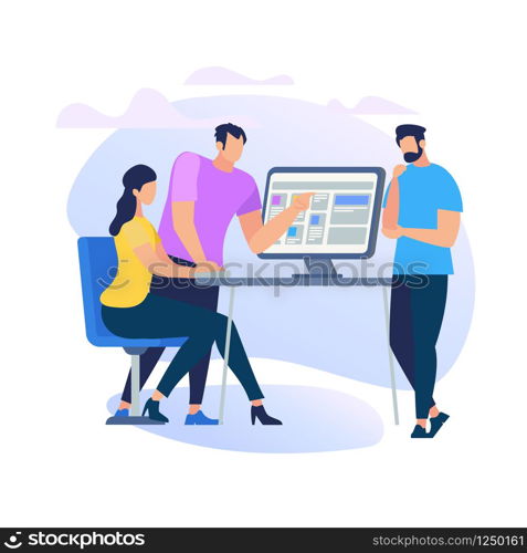 Girl Sitting at Computer Monitor Listening Young Men in Casual Cloth Standing at Desk and Discussing. Teamwork. Online Education, Coworking People Communicating. Cartoon Flat Vector Illustration.. Girl Sitting at Computer Monitor and Listening Men